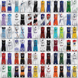May include: A collection of basketball jerseys and shorts in various colors and designs. Each uniform features a sleeveless jersey and matching shorts, with numbers and team branding. The uniforms are displayed in rows and columns.