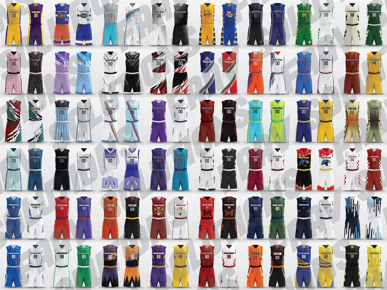 May include: A collection of basketball jerseys and shorts in various colors and designs. Each uniform features a sleeveless jersey and matching shorts, with numbers and team branding. The uniforms are displayed in rows and columns.
