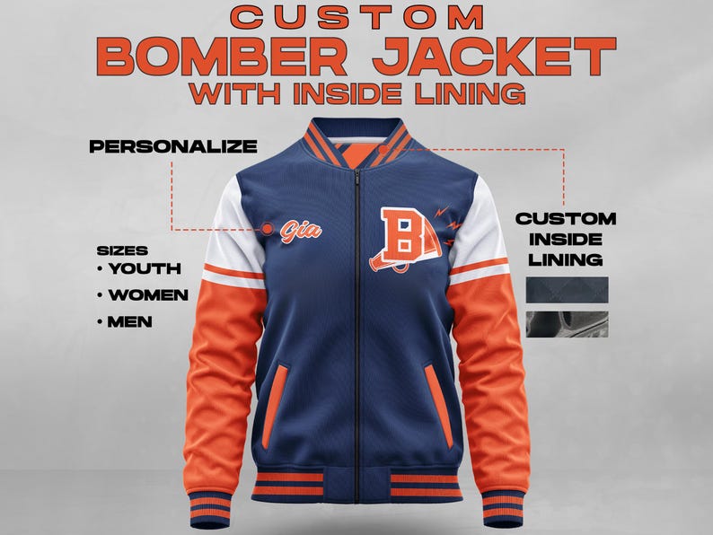 May include: A blue bomber jacket with orange and white sleeves. The jacket has a zipper closure and a ribbed collar, cuffs, and hem. The jacket has a custom inside lining and the text "Gia" and "B" on the front.