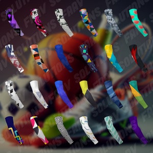 May include: A collection of 36 colourful arm sleeves featuring a variety of geometric and abstract designs. The sleeves are made from a stretchy, breathable material and are ideal for athletes, cyclists, and anyone looking to add a touch of style to their workout.