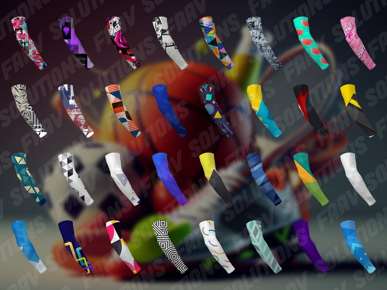 May include: A collection of 36 colourful arm sleeves featuring a variety of geometric and abstract designs. The sleeves are made from a stretchy, breathable material and are ideal for athletes, cyclists, and anyone looking to add a touch of style to their workout.