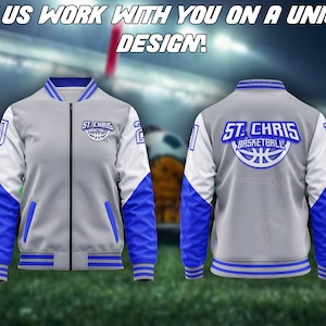 May include: A gray and blue baseball jacket with white sleeves and a blue and white basketball logo on the back that says "ST. CHRIS BASKETBALL".