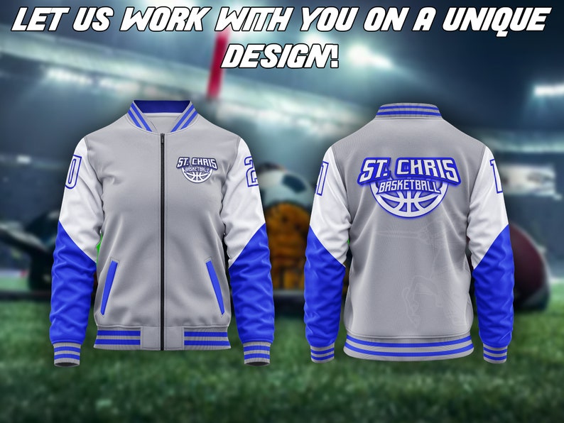 May include: A gray and blue baseball jacket with white sleeves and a blue and white basketball logo on the back that says "ST. CHRIS BASKETBALL".