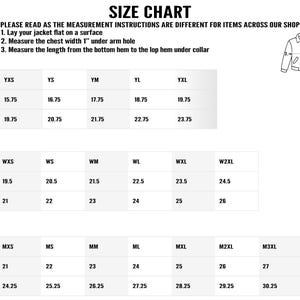 May include: Size chart for youth, women, and men's clothing with measurements in inches for chest and length. The chart includes sizes from extra small to extra large.