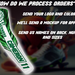 May include: A green and white arm sleeve with a basketball design. The sleeve has the text "ST. BERNARD CAMERON 11" on it. The text "HOW DO WE PROCESS ORDERS?" is at the top of the image. The text "SEND YOUR LOGO AND COLORS" is in the middle of the image. The text "WE'LL SEND A MOCKUP FOR APPROVAL" is below the text "SEND YOUR LOGO AND COLORS". The text "SEND US NAMES ON BACK, NUMBERS AND SIZES" is at the bottom of the image.