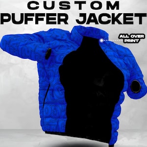 May include: A blue puffer jacket with an all-over print of a repeating pattern. The jacket has a zipper closure and a hood.