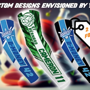 May include: Three custom designed arm sleeves with different colours and designs. The sleeves feature a baseball team logo, a tiger mascot, and a player's name and number. The text on the sleeves reads "Dodgers Nation", "St. Bernard", "Cameron 11", "D-Money 42".