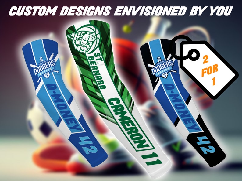 May include: Three custom designed arm sleeves with different colours and designs. The sleeves feature a baseball team logo, a tiger mascot, and a player's name and number. The text on the sleeves reads "Dodgers Nation", "St. Bernard", "Cameron 11", "D-Money 42".