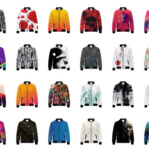 May include: A collection of 24 colorful bomber jackets with various graphic designs. The jackets feature a variety of patterns, including abstract art, geometric shapes, animals, and landscapes.
