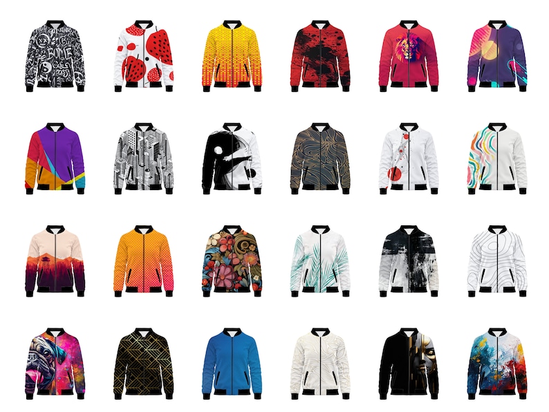 May include: A collection of 24 colorful bomber jackets with various graphic designs. The jackets feature a variety of patterns, including abstract art, geometric shapes, animals, and landscapes.