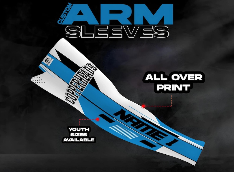 May include: Custom arm sleeves with an all-over print design. The sleeves are blue, white and black with the text "Copperheads" and "NAME 1" printed on them. Youth sizes are available.