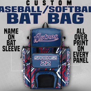 May include: Custom baseball/softball bat bag in navy blue with red and white accents. Features the text "Astros" and "SANCHEZ 22". Includes a bat sleeve and all-over print on every panel.