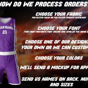 May include: A purple basketball jersey with white trim and the text "TEAM NAME 23". The jersey is shown with matching purple shorts. The image includes instructions on how to customize a basketball jersey, including choosing fabric, font, design, colors, and sending names, numbers, and sizes.