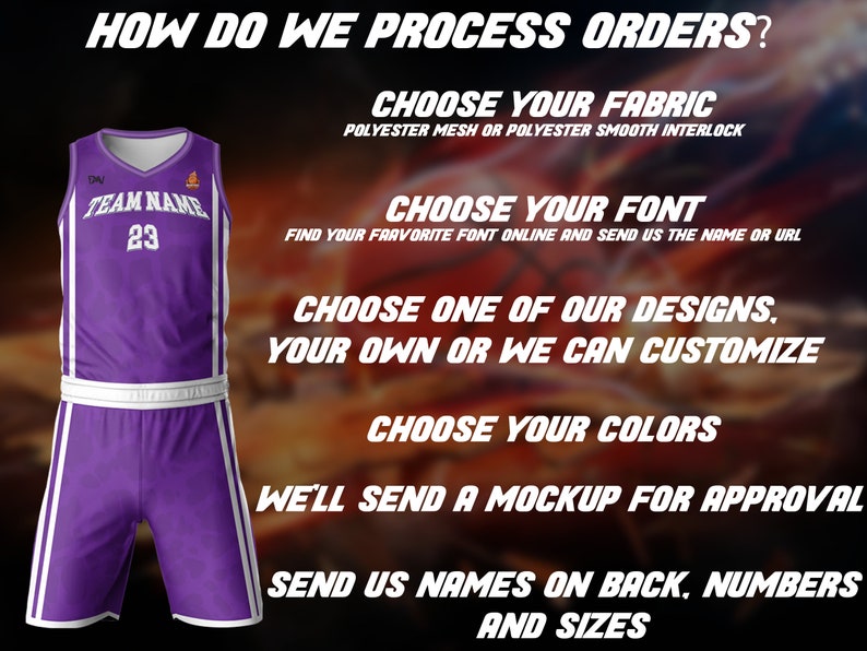 May include: A purple basketball jersey with white trim and the text "TEAM NAME 23". The jersey is shown with matching purple shorts. The image includes instructions on how to customize a basketball jersey, including choosing fabric, font, design, colors, and sending names, numbers, and sizes.
