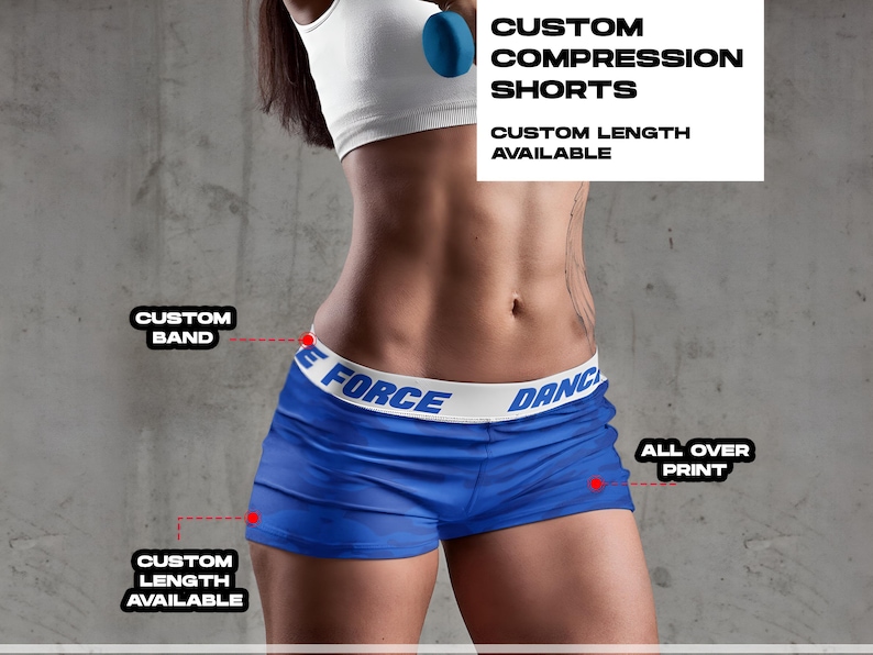 May include: Blue compression shorts with a white waistband and "E FORCE DANCE" printed on the waistband. The shorts have an all-over print and are available in custom lengths.