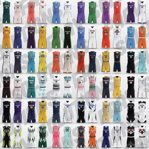 May include: A collection of basketball uniforms in various colors, including pink, green, yellow, blue, and black. Each uniform set features a jersey and shorts, with the number "00" displayed prominently. The uniforms are designed for team sports.