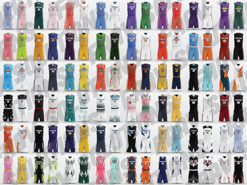 May include: A collection of basketball uniforms in various colors, including pink, green, yellow, blue, and black. Each uniform set features a jersey and shorts, with the number "00" displayed prominently. The uniforms are designed for team sports.