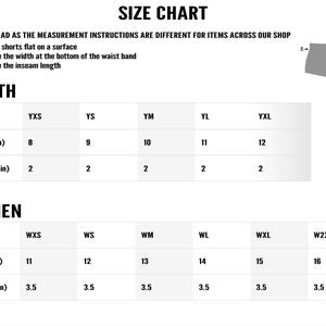 May include: Size chart for youth and women's shorts. The chart shows waist and inseam measurements in inches for different sizes.  The chart includes sizes YXS, YS, YM, YL, YXL, WXS, WS, WM, WL, WXL, and W2XL.