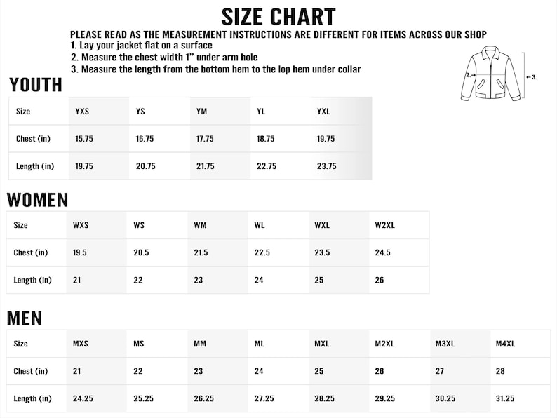May include: Size chart for youth, women, and men's clothing with measurements in inches for chest and length. The chart includes sizes from extra small to extra large.