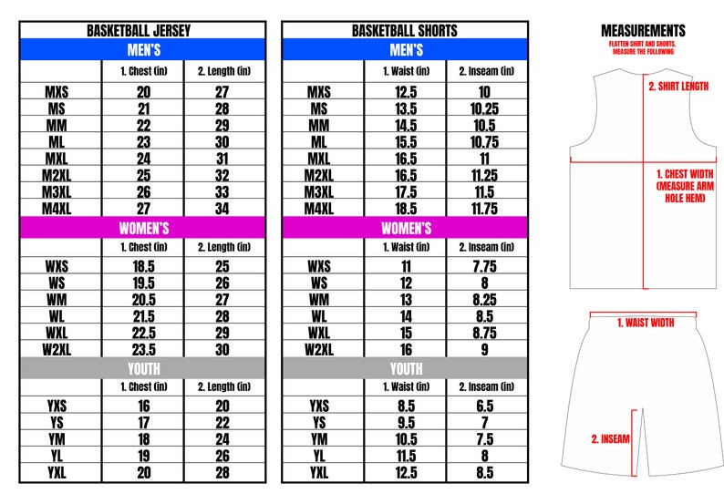 May include: Detailed size charts for basketball jerseys and shorts, including measurements for men's, women's, and youth sizes. Charts show chest, length, waist, and inseam measurements in inches for various sizes.
