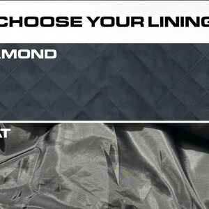 May include: Two fabric samples showing different lining options. The top sample is a dark gray diamond quilted fabric. The bottom sample is a dark gray flat fabric.
