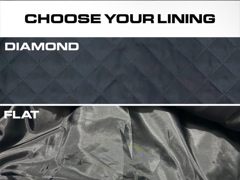 May include: Two fabric samples showing different lining options. The top sample is a dark gray diamond quilted fabric. The bottom sample is a dark gray flat fabric.