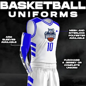 May include: White and blue basketball uniform with the words "Wildcats" and the number "10" on the front. The uniform includes a jersey and shorts with blue and white stripes on the sides. Arm sleeves are available.