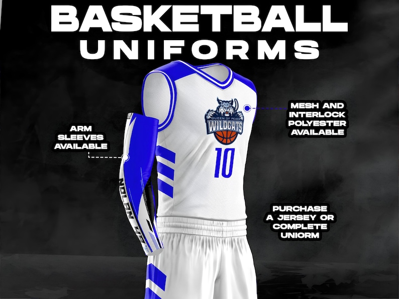 May include: White and blue basketball uniform with the words "Wildcats" and the number "10" on the front. The uniform includes a jersey and shorts with blue and white stripes on the sides. Arm sleeves are available.