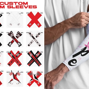 May include: Custom arm sleeves with a variety of designs. Some sleeves feature a black and white cross with the number 22 and the text "NAME 00". Other sleeves feature a red and white cross with the number 00. One sleeve features a white background with the word "hope" in black and a pink ribbon.