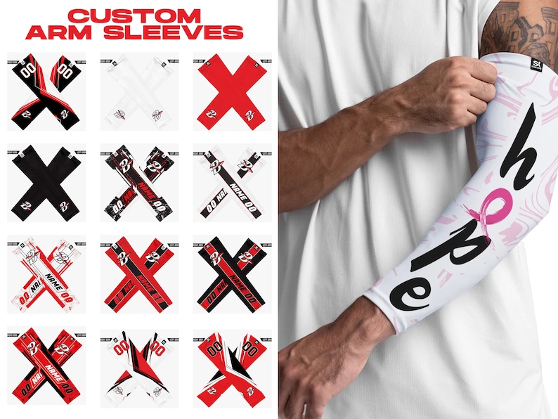 May include: Custom arm sleeves with a variety of designs. Some sleeves feature a black and white cross with the number 22 and the text "NAME 00". Other sleeves feature a red and white cross with the number 00. One sleeve features a white background with the word "hope" in black and a pink ribbon.