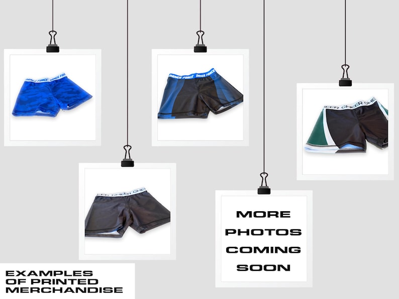 May include: Four images of printed athletic shorts. The first image shows blue shorts with a white waistband. The second image shows black and blue shorts with a white waistband. The third image shows black and green shorts with a white waistband. The fourth image says "More Photos Coming Soon".