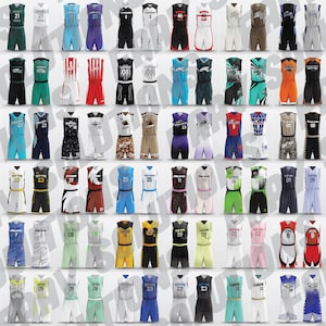 May include: A collection of basketball uniforms in various colors, including blue, green, black, and orange. Each uniform consists of a jersey and shorts, with different numbers and team names displayed. The uniforms are arranged in rows and columns.