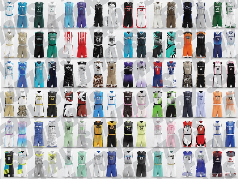 May include: A collection of basketball uniforms in various colors, including blue, green, black, and orange. Each uniform consists of a jersey and shorts, with different numbers and team names displayed. The uniforms are arranged in rows and columns.