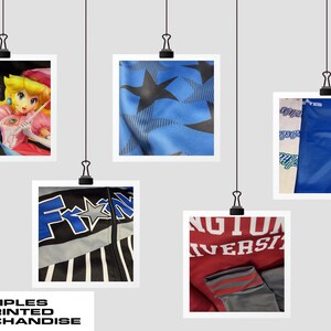 May include: Five examples of printed merchandise, including a blue and black jacket with a star, a blue and white jacket with a star, a red and gray jacket with the text "WASHINGTON UNIVERSITY", a blue jacket with white text, and a blue and pink illustration of two cartoon characters.