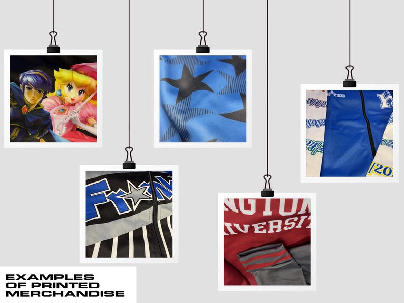 May include: Five examples of printed merchandise, including a blue and black jacket with a star, a blue and white jacket with a star, a red and gray jacket with the text "WASHINGTON UNIVERSITY", a blue jacket with white text, and a blue and pink illustration of two cartoon characters.