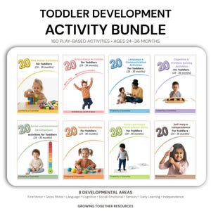 May include: A Toddler Development Activity Bundle featuring 160 play-based activities for ages 24-36 months. The set includes eight cards covering fine motor, gross motor, language, cognitive, social-emotional, sensory, early learning, and self-help skills.
