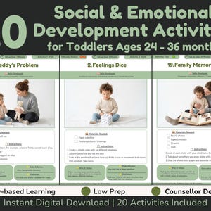 Puede incluir: Una guía educativa digital titulada 20 Social & Emotional Development Activities for Toddlers Ages 24-36 months. Incluye tres tarjetas de actividades: Teddy's Problem, Feelings Dice y Family Memory Book, cada una con instrucciones y fotos.