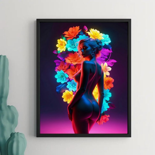 neon nude, Abstract art, modern painting, digital download art, printable art, bedroom wall art, unique gifts, sensual art, sexy pose, cyber