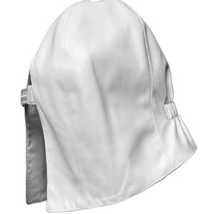 May include: A white leather hat with a unique design. The hat features a curved brim and a structured crown. The hat has a strap with a buckle on the side. The hat is made of a smooth, matte material.