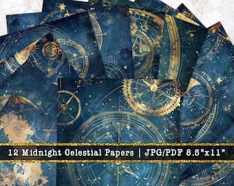 Pode incluir: Uma coleção de doze papéis celestes da meia-noite com uma estética vintage. Os papéis apresentam um fundo azul escuro com desenhos celestes dourados, incluindo mapas estelares, engrenagens e constelações. Cada papel mede 21,6 cm x 27,9 cm.