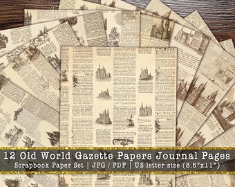 Old World Gazette Papers Journal Pages | Vintage Newspaper Scrapbook Background, Antique European Architecture Ephemera (Digital Download)