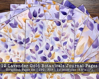 Lavender Gold Botanicals Journal Pages | Purple Leaf Scrapbook Background, Elegant Lilac Floral Junk Journal Paper (Digital Download)