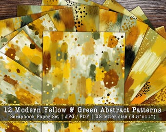 Modern Yellow Green Abstract Brush Textures | Vibrant Botanical Scrapbook Background, Boho Chartreuse Junk Journal Pages (Digital Download)