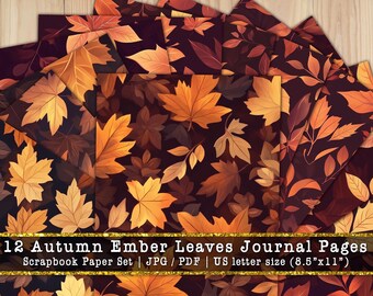 Autumn Ember Leaves Journal Pages | Dark Thanksgiving Foliage Scrapbook Background, Golden Maple Leaf Junk Journal Paper (Digital Download)