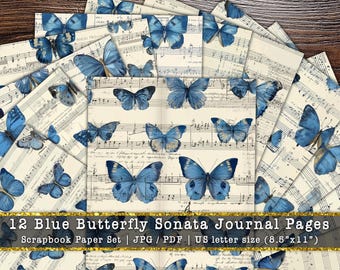 Blue Butterfly Sonata Journal Pages | Vintage Sheet Music Scrapbook Backgrounds (Digital Download)