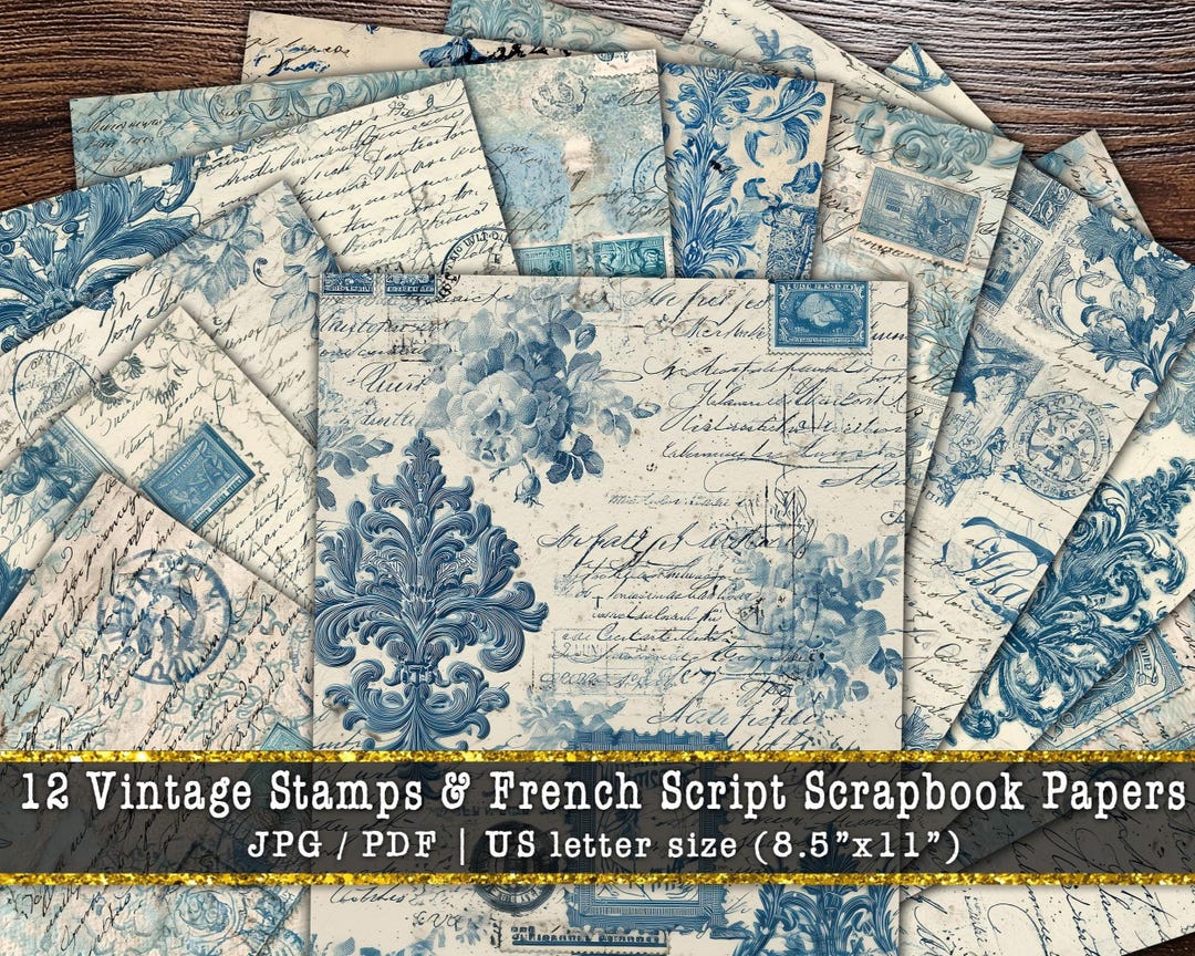 Vintage French Script & Stamps Scrapbook Paper | Junk Journal Ephemera ...