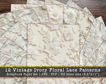 Ivory Floral Lace Scrapbook Paper Set | Vintage Bridal Embroidery Patterns (Digital Download)