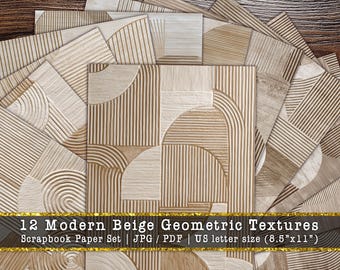 Modern Beige Geometric Digital Paper | Neutral Abstract Textures Scrapbook Backgrounds (Digital Download)