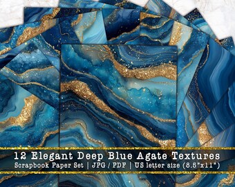 Elegant Deep Blue Agate Textures | Luxury Navy Geode Marble Scrapbook Background, Metallic Gold Vein Junk Journal Pages (Digital Download)