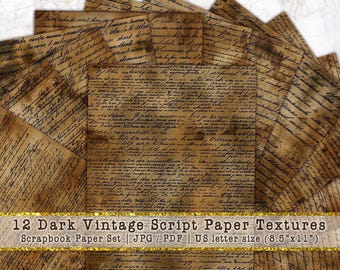 Dark Vintage Script Paper Textures | Moody Antique Handwriting Junk Journal Pages (Digital Download)